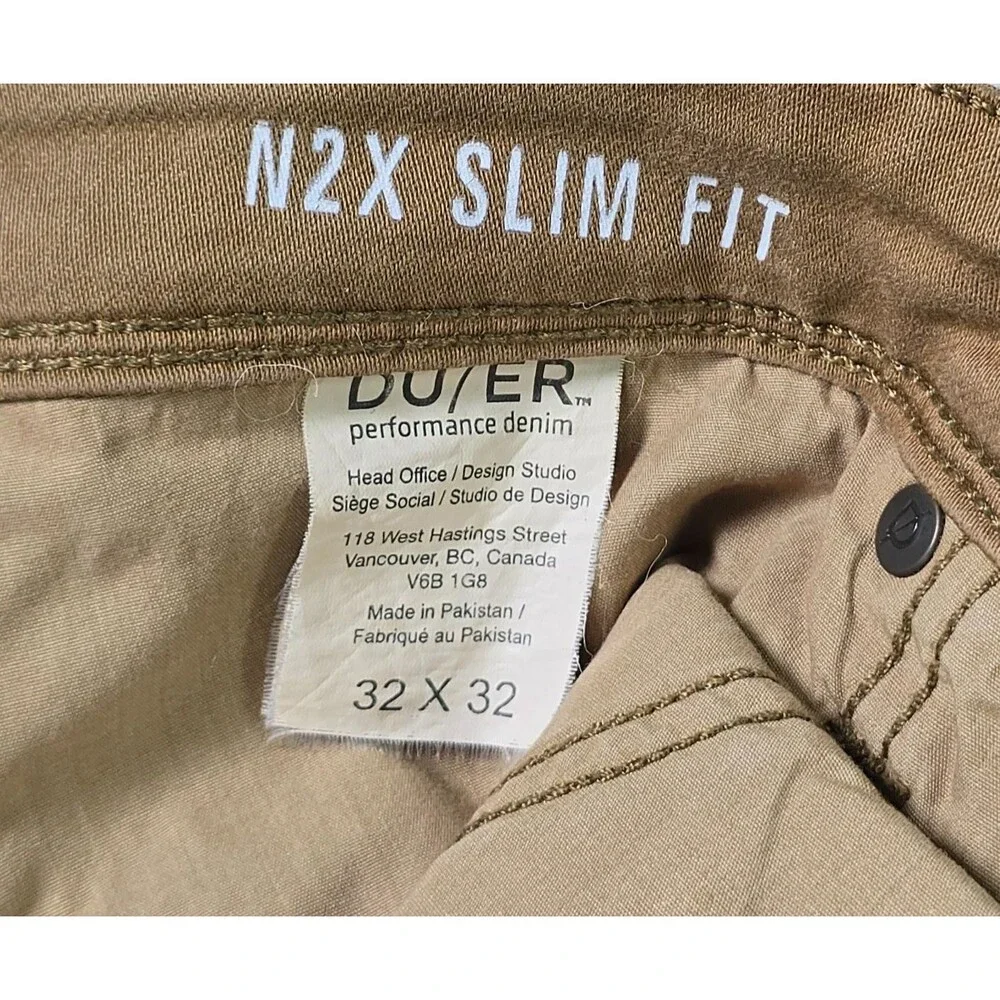 DU/ER No Sweat N2X Slim Fit Taper Pants Stretch 32x32 Men's Beige Chino DUER